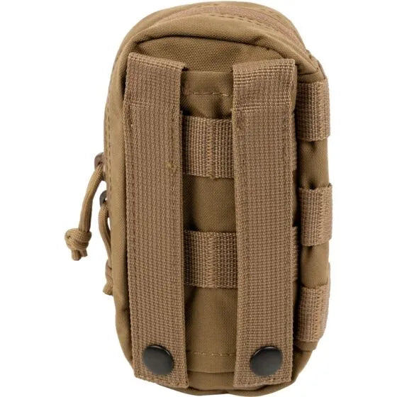The Caliber Armor Mini First Aid Kit M-FAK is a compact tan pouch with MOLLE straps and snap buttons for secure attachment, perfect for carrying essential first responder medical gear.