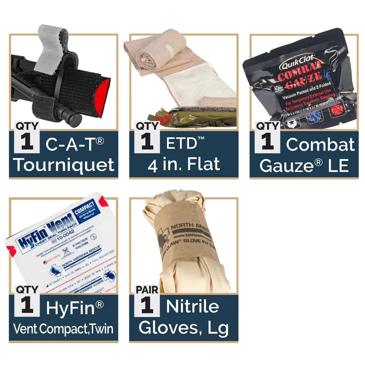 Image shows six labeled items from the Caliber Armor Mini First Aid Kit M-FAK: tourniquet, 4-inch flat ETD, combat gauze, HyFin vent compact, rolled gauze, and large nitrile gloves—essential first responder gear.
