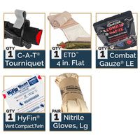 Thumbnail for Image shows six labeled items from the Caliber Armor Mini First Aid Kit M-FAK: tourniquet, 4-inch flat ETD, combat gauze, HyFin vent compact, rolled gauze, and large nitrile gloves—essential first responder gear.