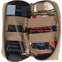 Thumbnail for The Caliber Armor Mini First Aid Kit M-FAK is a compact tan pouch, unzipped to reveal organized trauma kit supplies like a tourniquet, bandages, and trauma dressing—an essential for first responders.