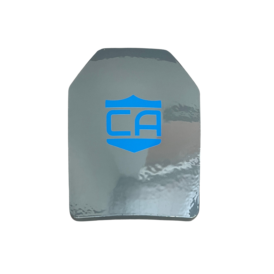 The Caliber Armor Level III Maritime UHMWPE Armor is a rectangular body armor plate with beveled top corners and a blue "CA" shield logo on a reflective gray surface.