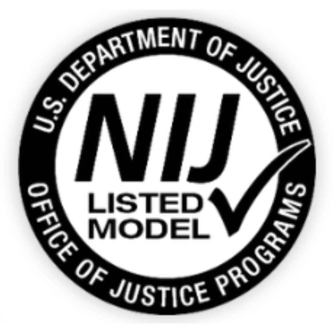 Black and white circular badge displaying “NIJ Listed Model” with a check mark, surrounded by “U.S. Department of Justice Office of Justice Programs,” featured on Caliber Armor’s Condor EXO & AR550 Level III+ Body Armor Package.