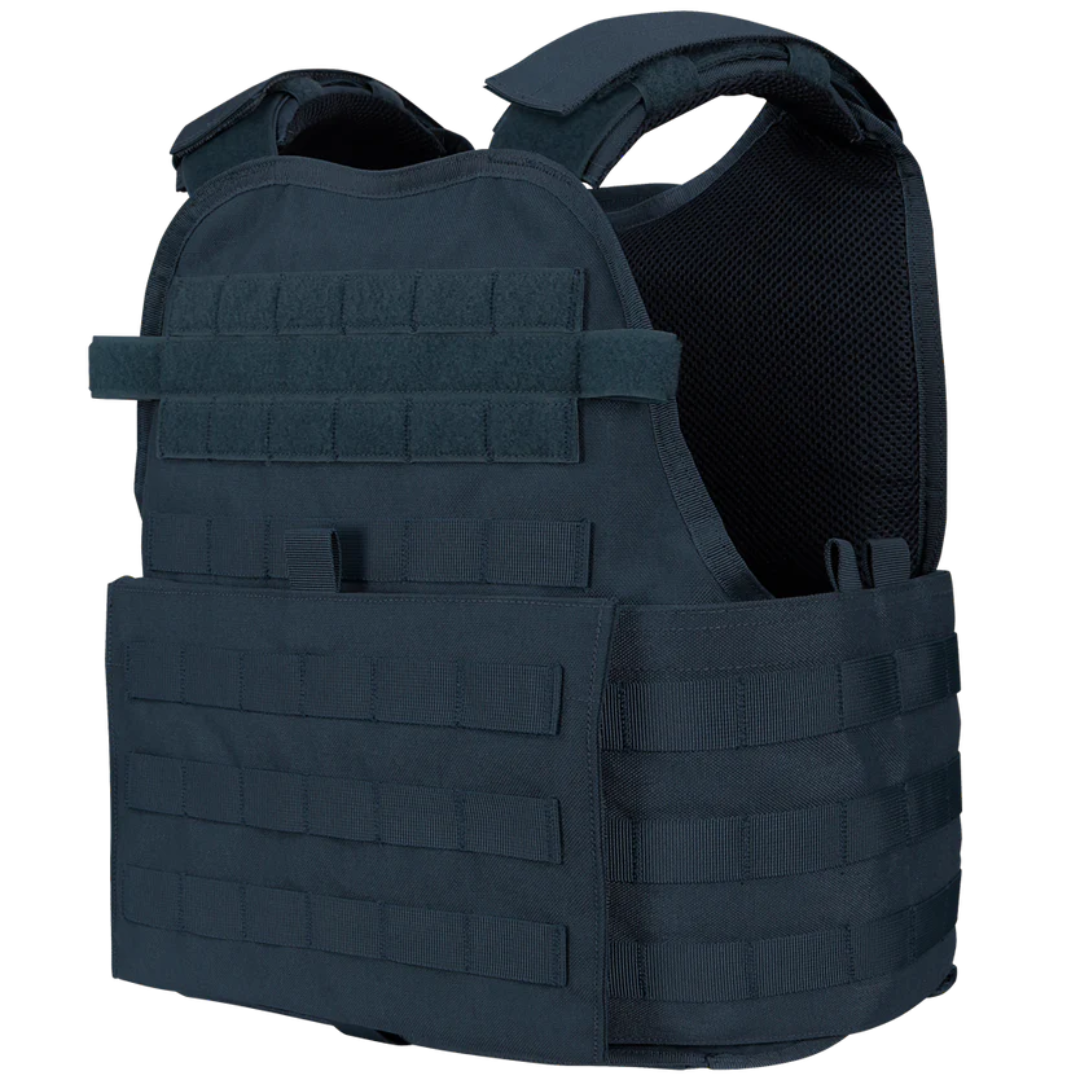 The Caliber Armor Modular Operator Plate Carrier (MOPC) Gen II is a black bulletproof vest with multiple straps, MOLLE webbing, and body armor plate attachments, displayed on a plain white background.