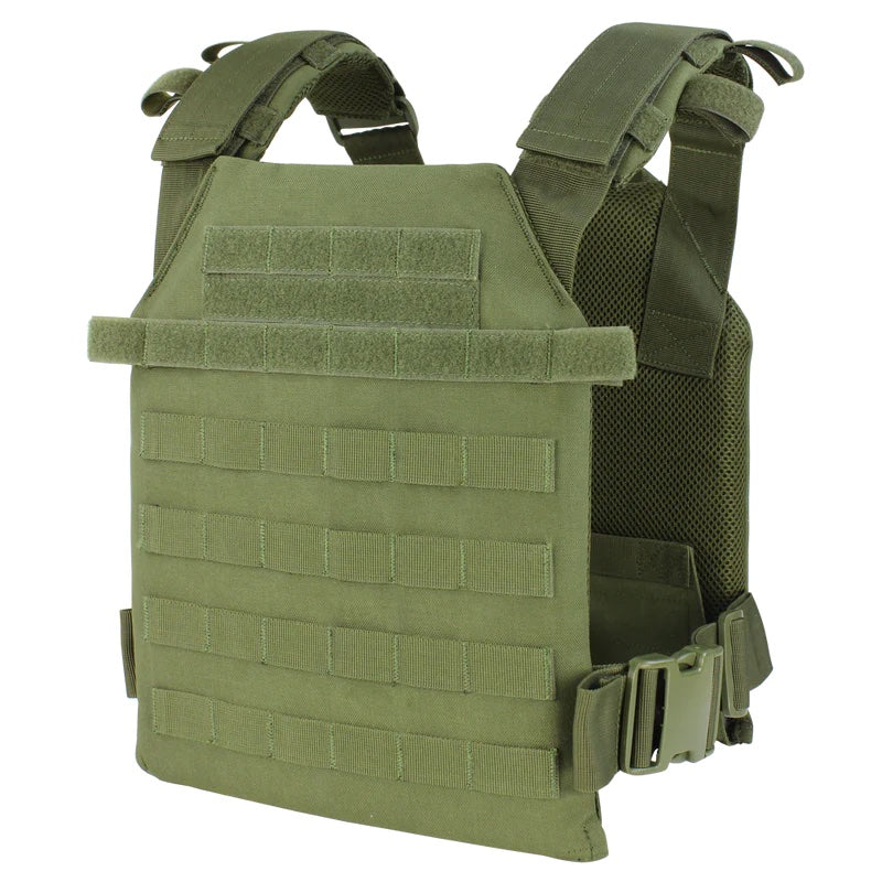 Olive green tactical plate carrier vest with molle webbing and Caliber Armor AR550 Level III+ Quick Response /w PolyShield - Shooters Cut - PolyShield steel body armor.