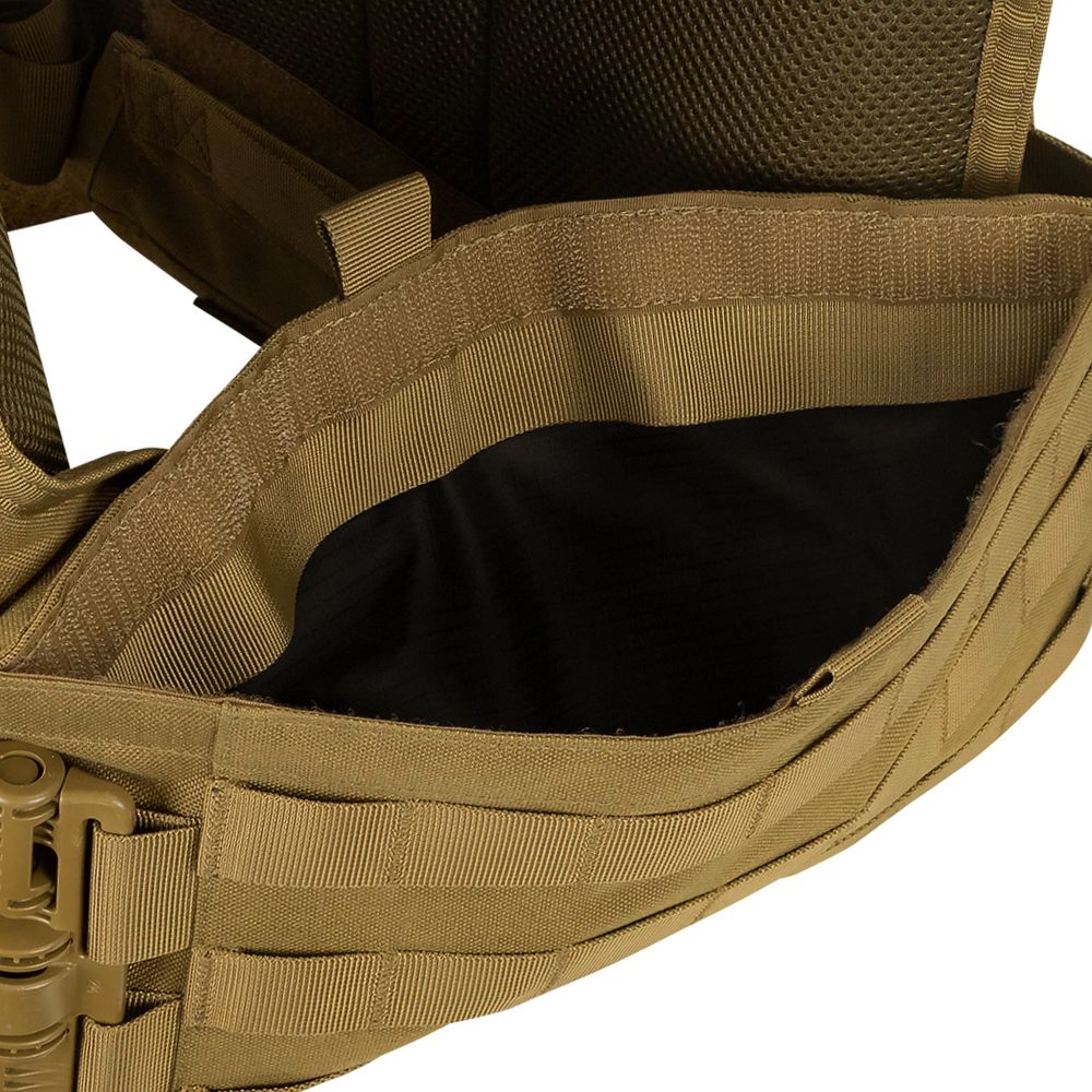 Close-up view of the Caliber Armor RS Cummerbund Retro Kit in tan, featuring an open side pocket that reveals internal black lining and webbing details along the cummerbund.