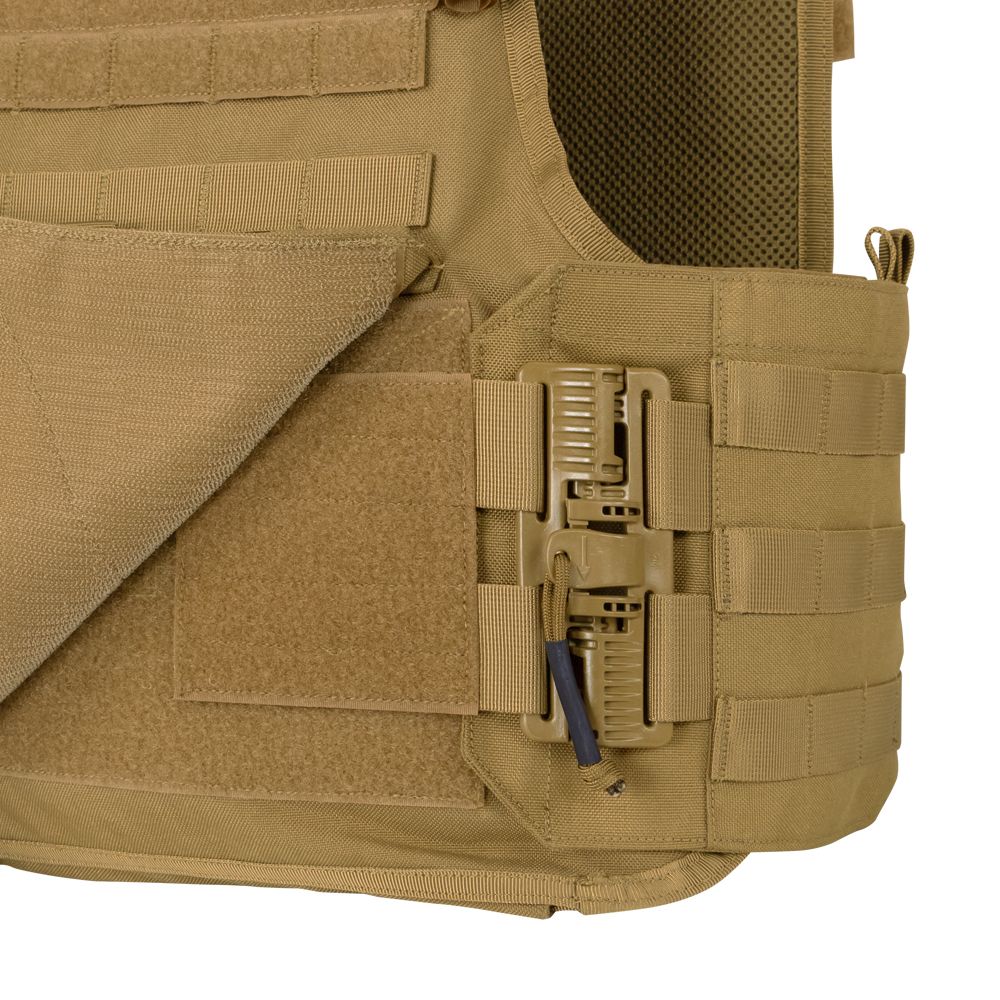 Close-up of the Caliber Armor RS Cummerbund Retro Kit in tan, featuring adjustable cummerbund, Velcro fastenings, mesh lining, MOLLE webbing, and quick-release side buckles—designed for secure plate carrier fit.