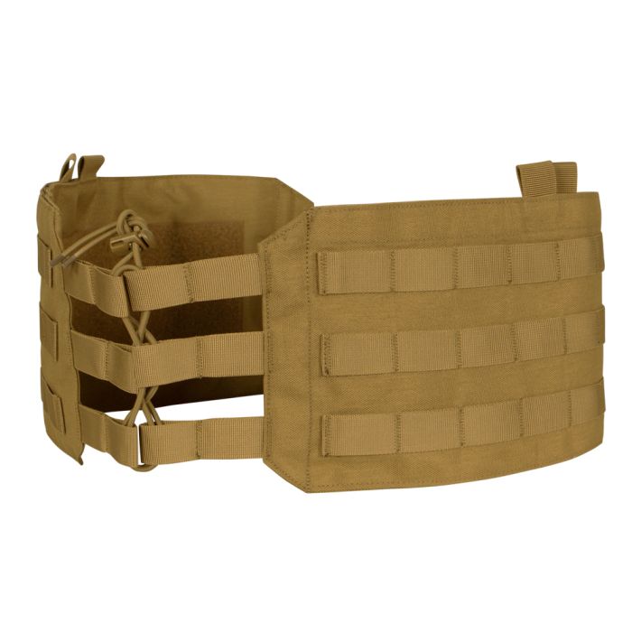 The Caliber Armor RS Cummerbund Retro Kit in tan is shown from the side, featuring MOLLE webbing and adjustable straps for plate carriers against a plain background.