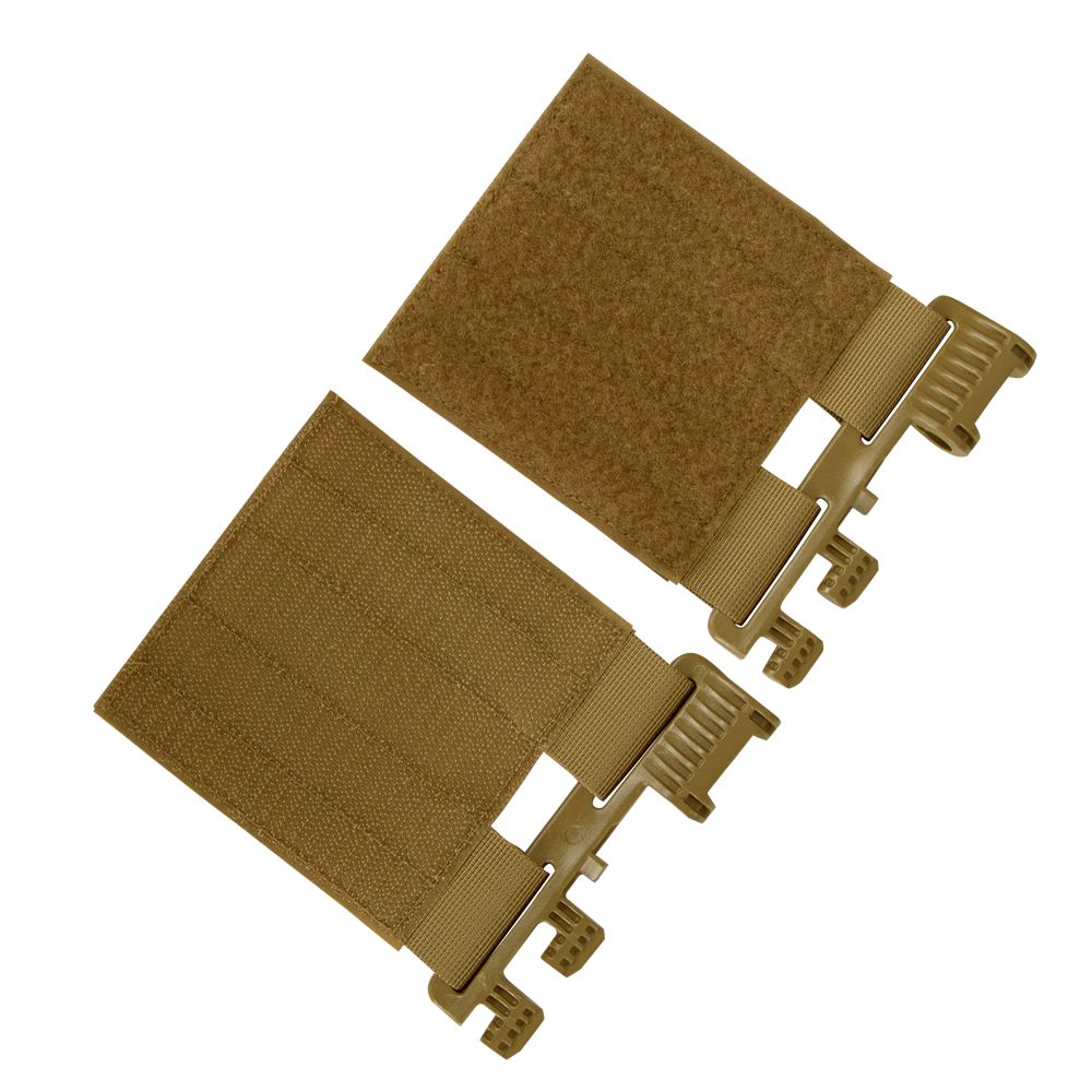 Two tan Caliber Armor RS Cummerbund Retro Kit pouches with hook-and-loop closures and quick-release buckles, shown side by side on a white background—ideal for attaching to your plate carrier or cummerbund.