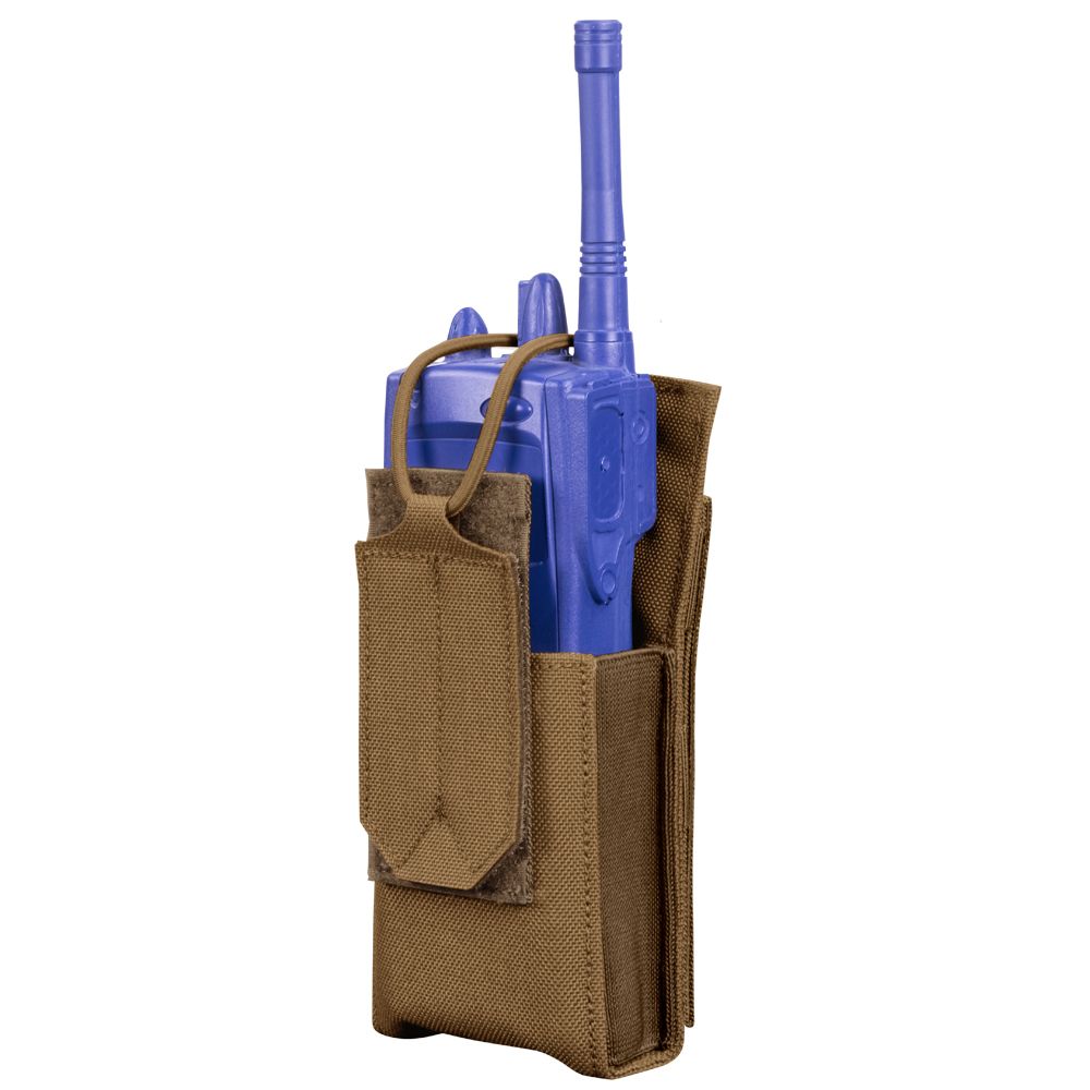A blue handheld radio stored in a Caliber Armor Radio Pouch, featuring a brown design with a front flap and strap.
