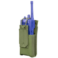Thumbnail for A blue handheld radio is stored in a Caliber Armor Radio Pouch, featuring a green color, open top, and Velcro flap.