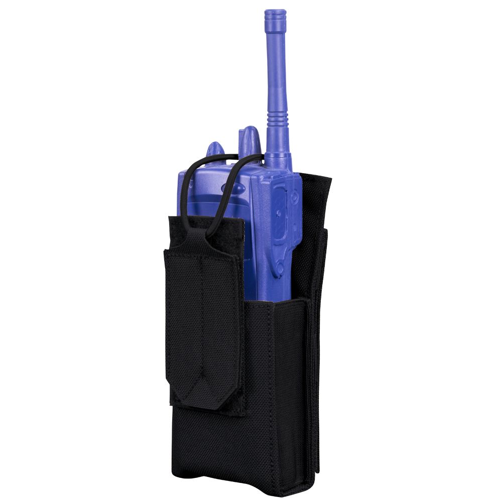 A blue two-way radio inside a Caliber Armor Radio Pouch, featuring a secure black MOLLE flap.