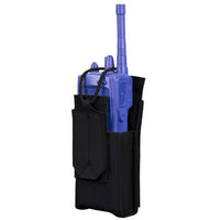 Thumbnail for A blue two-way radio inside a Caliber Armor Radio Pouch, featuring a secure black MOLLE flap.