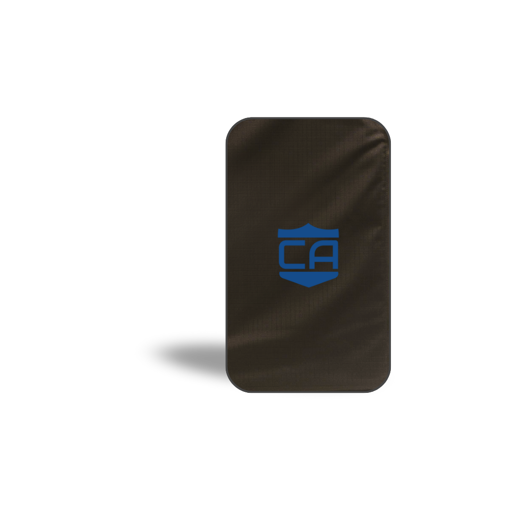 The CaliberX IIIA Body Armor Insert for 5.11 Tactical Backpacks by Caliber Armor is a black, rectangular panel with rounded corners and a blue "CA" shield logo, displayed on a plain white background with a shadow.