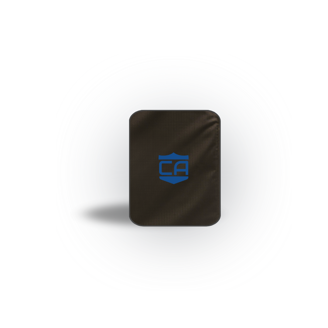 The CaliberX IIIA Body Armor Insert by Caliber Armor, designed for Viktos Backpacks, is a rectangular black panel with rounded corners and a blue "CA" shield logo in the center, displayed on a plain white background.