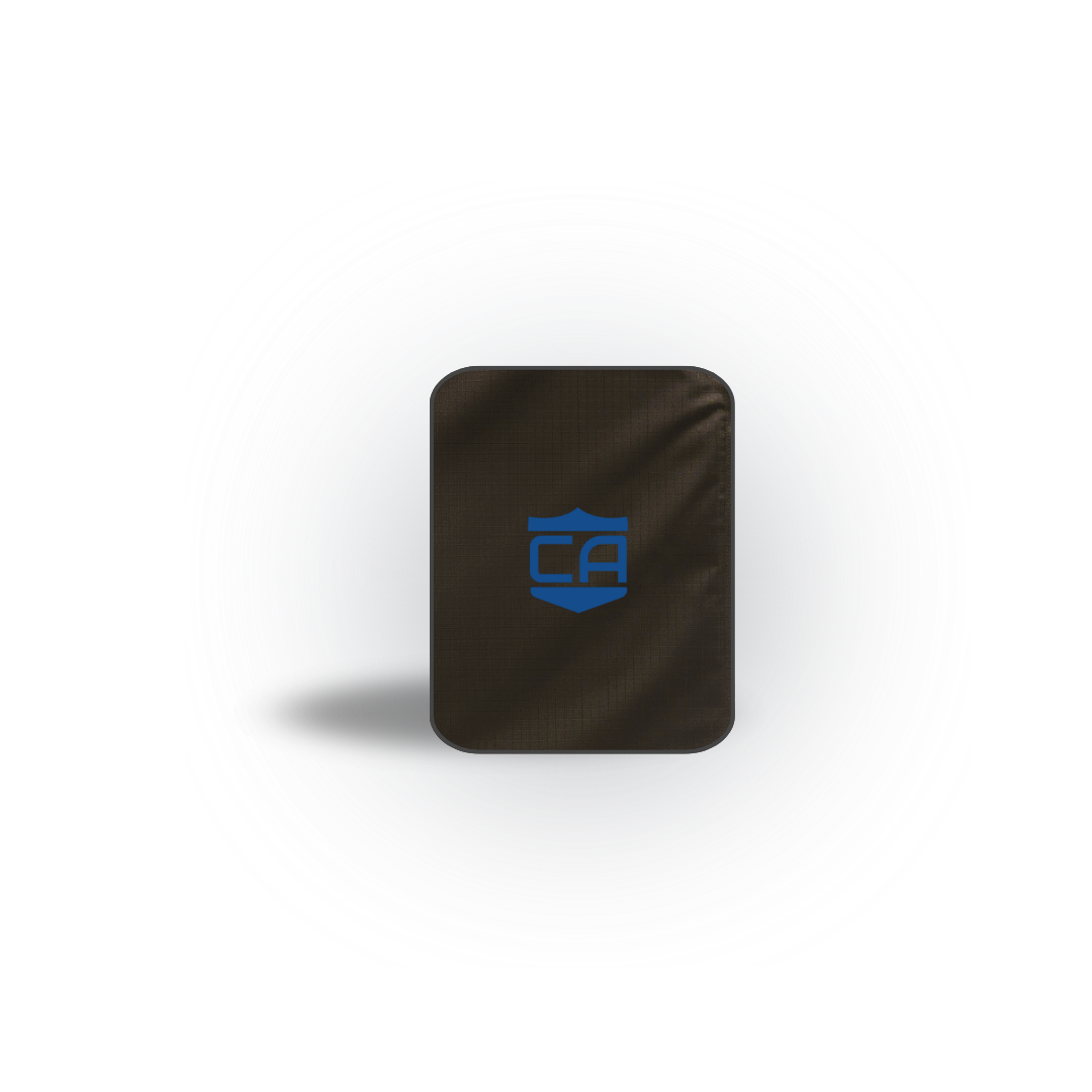 The Caliber Armor CaliberX IIIA Body Armor Insert for 5.11 Tactical Backpacks is a rectangular black insert with rounded corners and a blue "CA" shield logo at the center, resembling Level IIIA ballistic body armor.