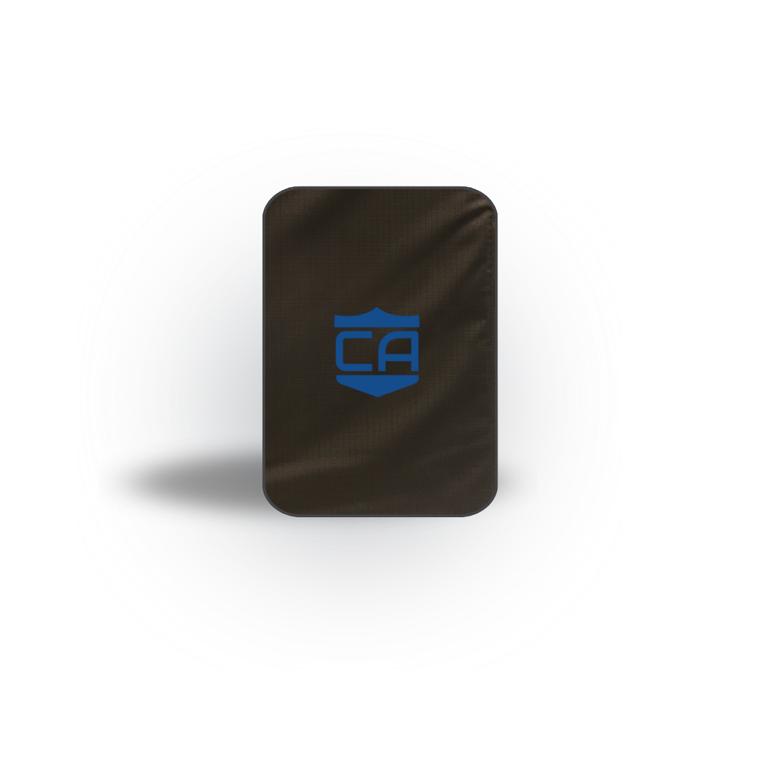 A black rectangular CaliberX IIIA Body Armor Insert by Caliber Armor, designed for Haley Strategic Backpacks, with rounded corners and a blue shield "CA" logo in the center, shown against a plain white background.