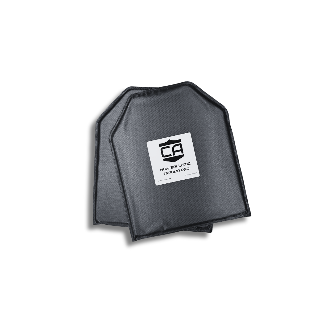 Two black, rectangular Extreme Impact Trauma Pads by Caliber Armor, featuring a "Non-Ballistic Terrain Pro" label and CA logo. Shown on a white background. Ideal for use as AR550 Level III+ protective inserts.