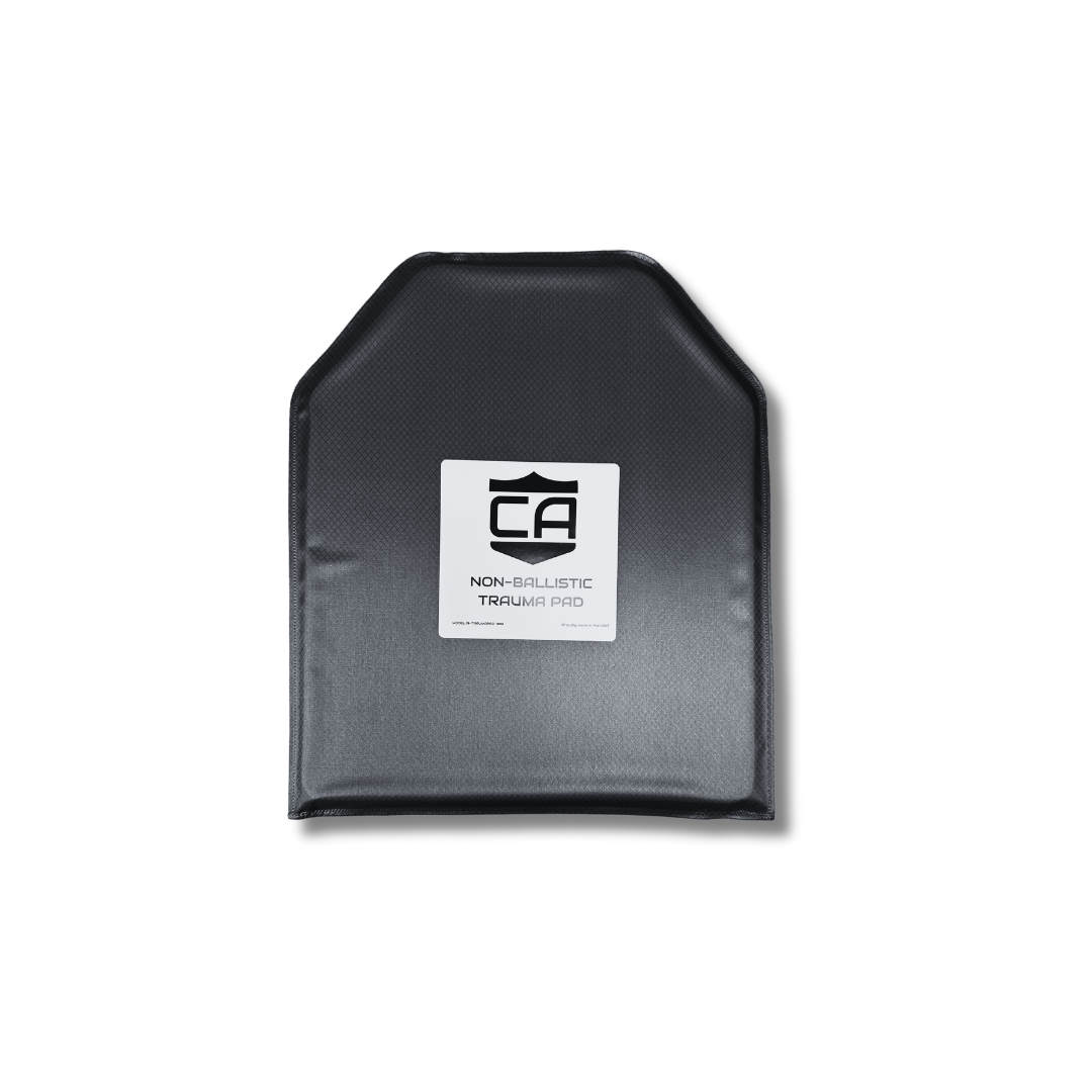 The Caliber Armor Extreme Impact Trauma Pad is a rectangular black pad with rounded top corners. It features a central "CA" label with product info and is designed to complement AR550 Level III+ body armor protection setups.