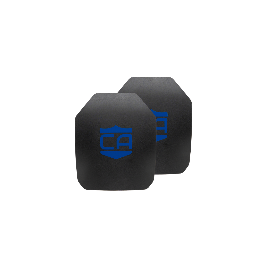 A set of two Caliber Armor AR550 III+ Multi-Curve body armor plates, each rectangular with beveled edges and a blue "CA" shield logo, is displayed against a white background.