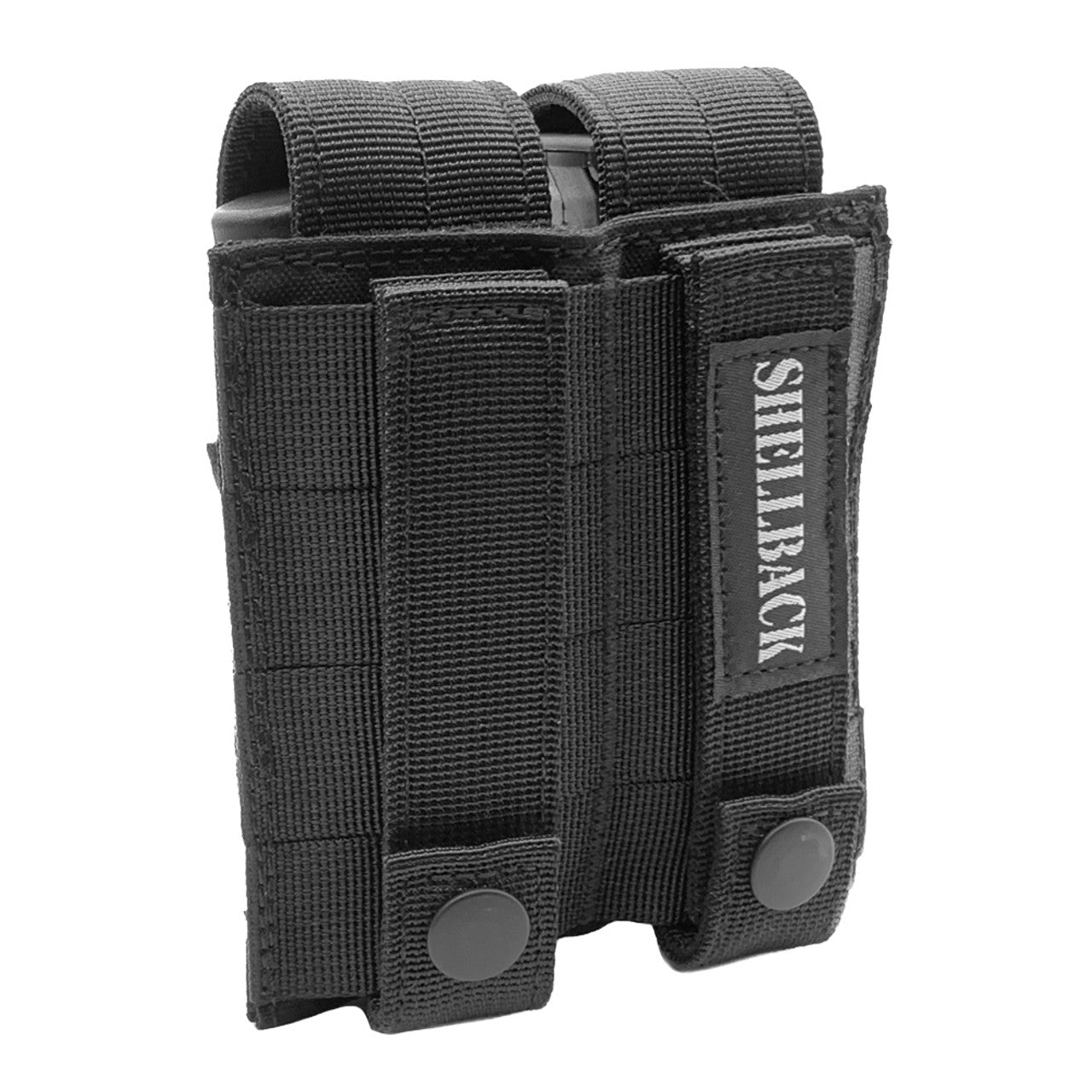 A black holster with two Shellback Tactical Double Pistol Mag Pouches.