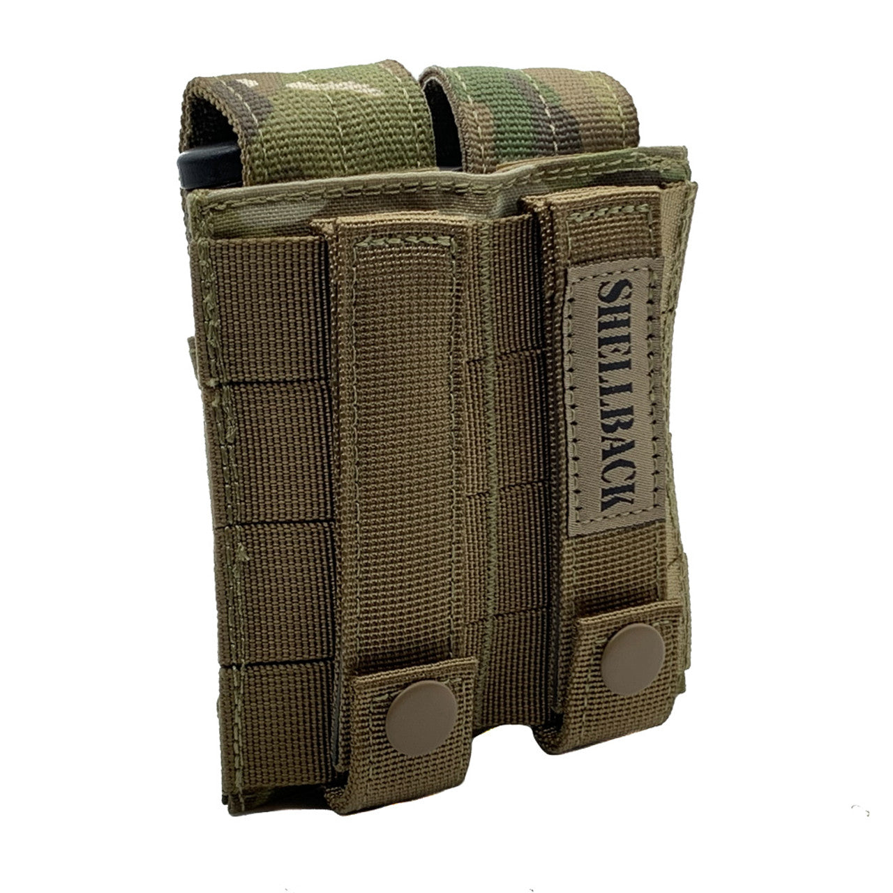 A small Shellback Tactical Double Pistol Mag Pouch with two holsters on it.