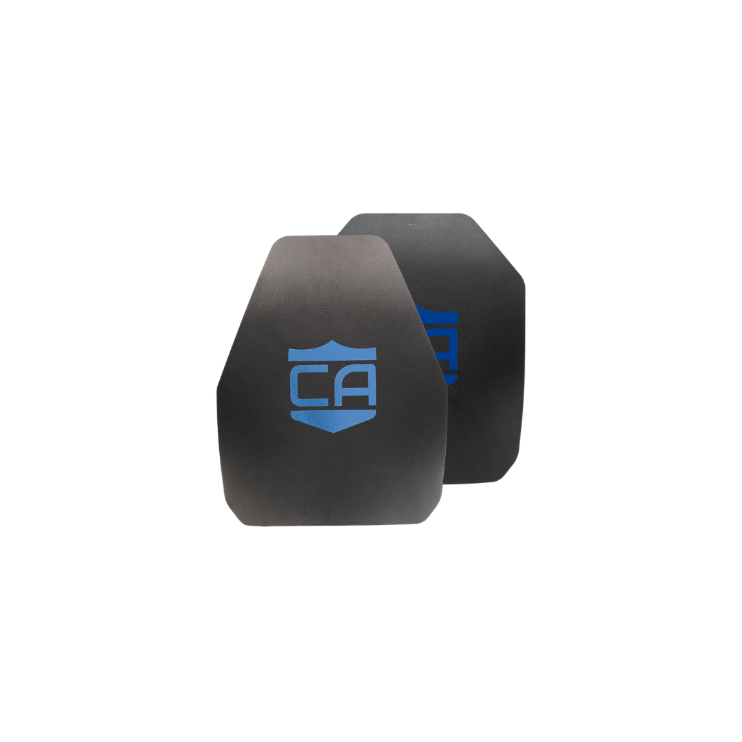 A set of two Caliber Armor AR550 III+ multi-curve black body armor plates with blue logos, one positioned in front of the other, is displayed against a white background.