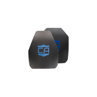 Thumbnail for A set of two Caliber Armor AR550 III+ multi-curve black body armor plates with blue logos, one positioned in front of the other, is displayed against a white background.