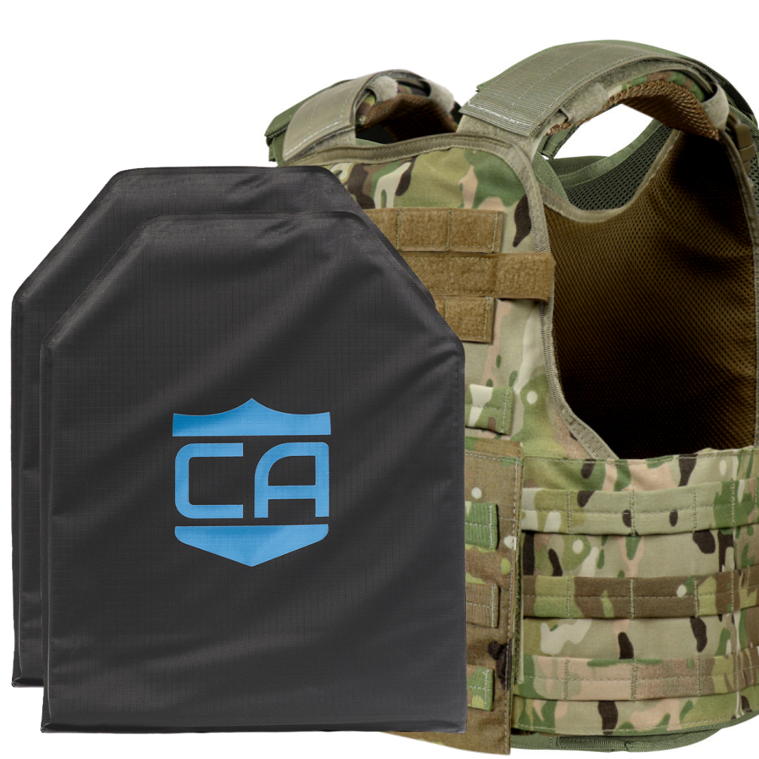 The Caliber Armor CaliberX IIIA/HG2 Active Response Package includes a camouflage tactical vest with shoulder straps and two black ballistic plates featuring a blue "CA" shield logo, compatible with most MOPC carriers and ideal for lightweight protection.