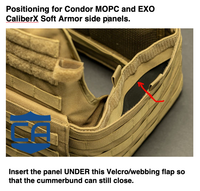 Thumbnail for Tan tactical vest with open side panel, arrow marking inner slot, and text instructing to insert Caliber Armor CaliberX Soft Armor Side Panels under the Velcro/webbing flap for secure closure.