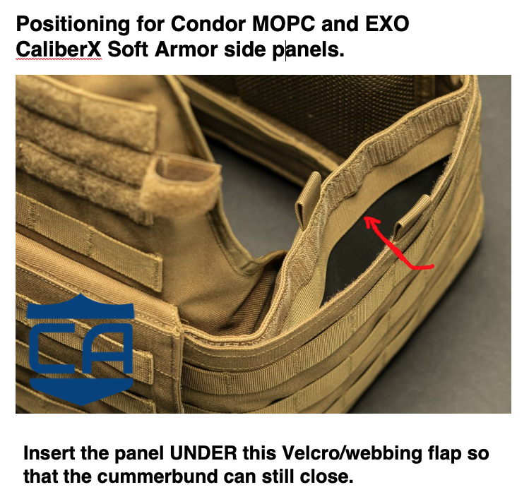The Caliber Armor CaliberX Soft Armor Side Panels can be inserted under the vest flap, as shown by a red arrow, allowing the cummerbund to close. Text instructions are included.