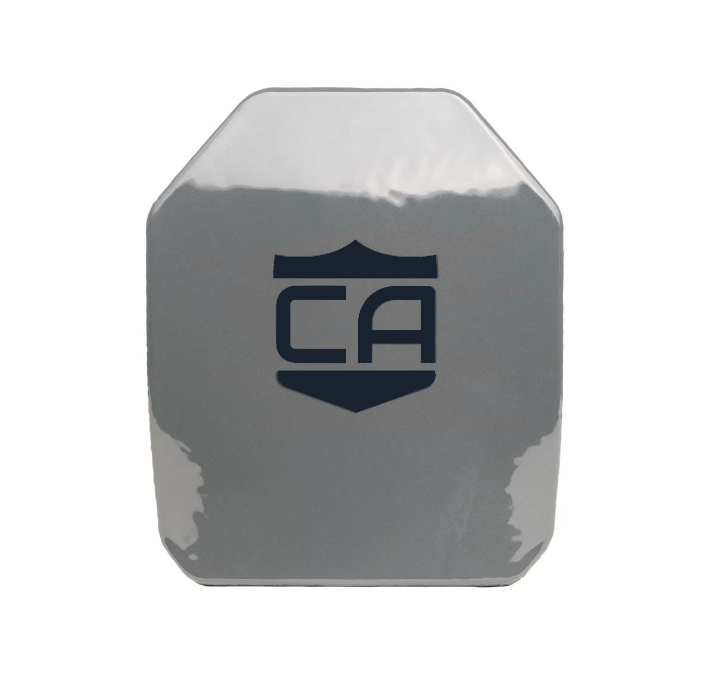 The AV2 Multi-Curve RF2 Body Armor by Caliber Armor is a gray steel plate with beveled corners, featuring a black shield logo with "CA" in the center and providing reliable NIJ Level III protection.