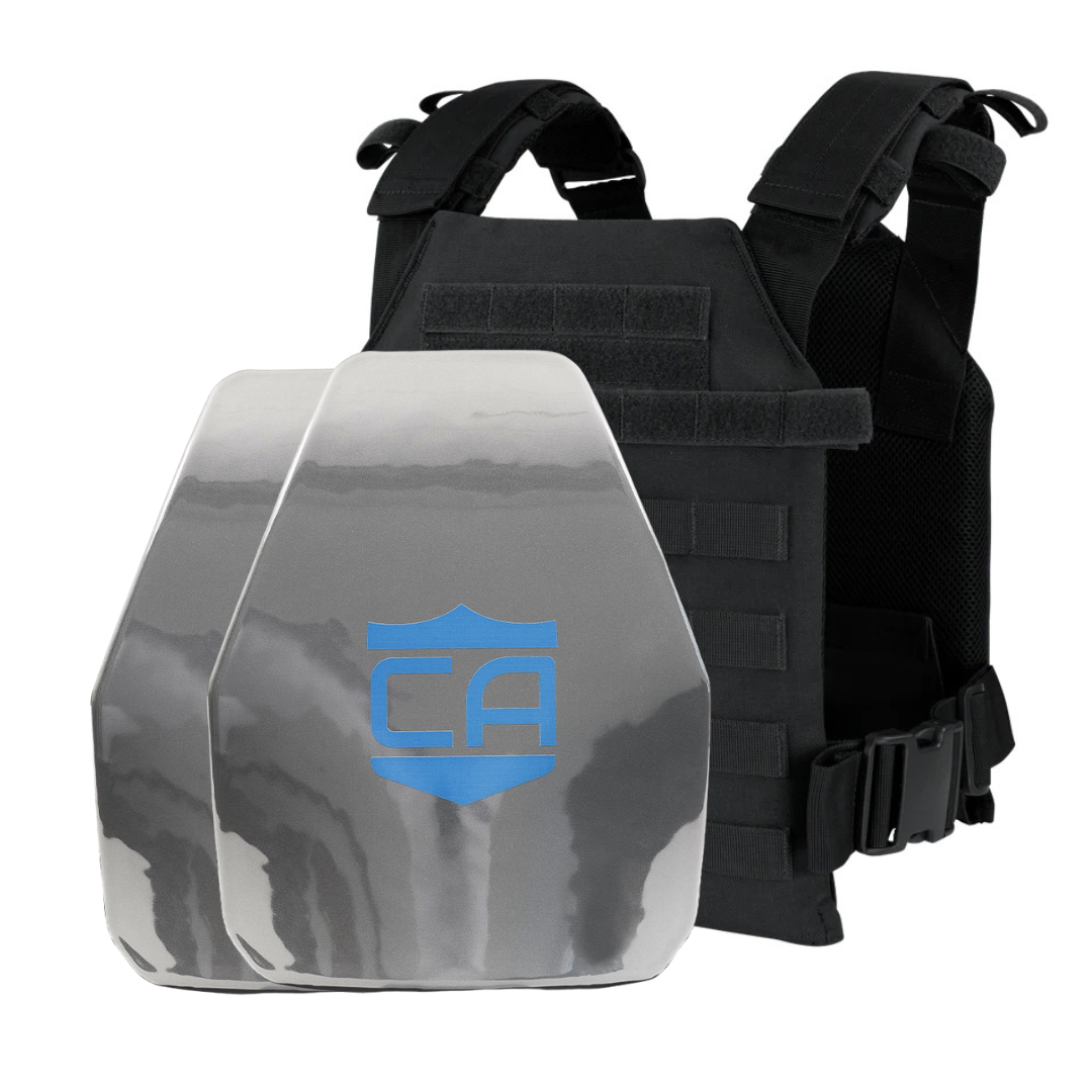 Black tactical vest with a silver ballistic plate featuring a blue emblem, upgraded to Caliber Armor AR550 Level III+ Quick Response /w PolyShield steel body armor.
