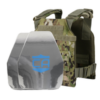 Thumbnail for A Caliber Armor AR550 Level III+ Quick Response /w PolyShield - Shooters Cut - PolyShield steel body armor plate in front of a camouflaged tactical vest.