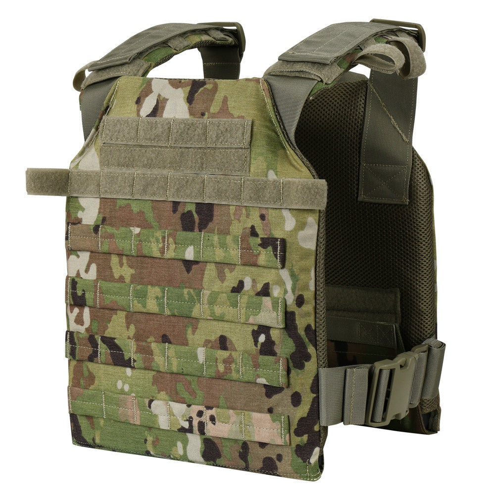 The Caliber Armor Sentry Plate Carrier is a camouflage-patterned vest with MOLLE webbing on the front and sides, plus adjustable sizing and shoulder straps for a secure, custom fit.