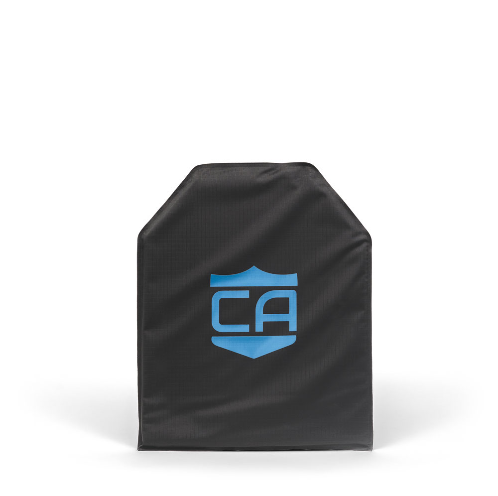 The Caliber Armor CaliberX IIIA Gray Man Concealable Package features a black ballistic plate with an angular top and blue "CA" logo, designed to pair with soft armor panels or fit into a concealable carrier for discreet protection.