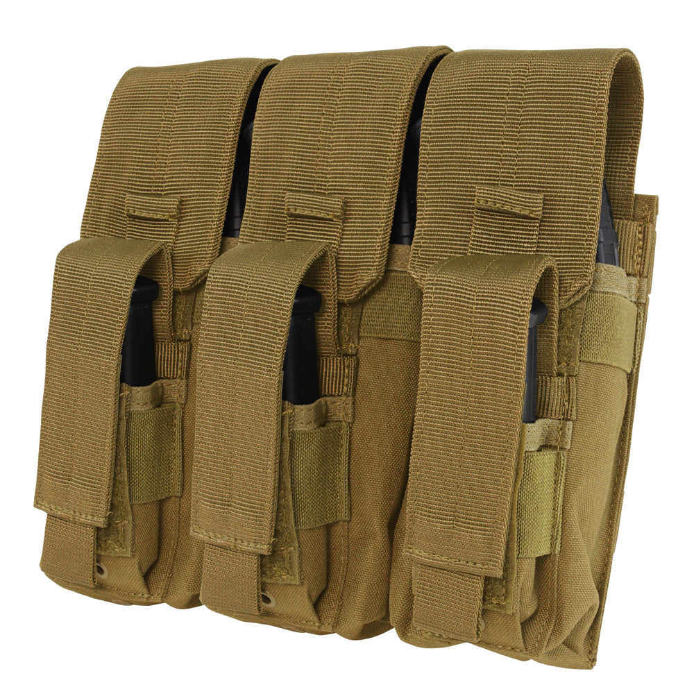 The Caliber Armor Triple AK Kangaroo Mag Pouch holds three black magazines in tan nylon compartments with Velcro flaps and features MOLLE compatibility for secure, easy attachment to your gear.