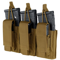 Thumbnail for The Caliber Armor Triple Kangaroo Mag Pouch | GEN II securely holds three black rifle magazines with retention straps and Velcro flaps; this MOLLE compatible AR/M4 pouch ensures quick access and reliable storage.