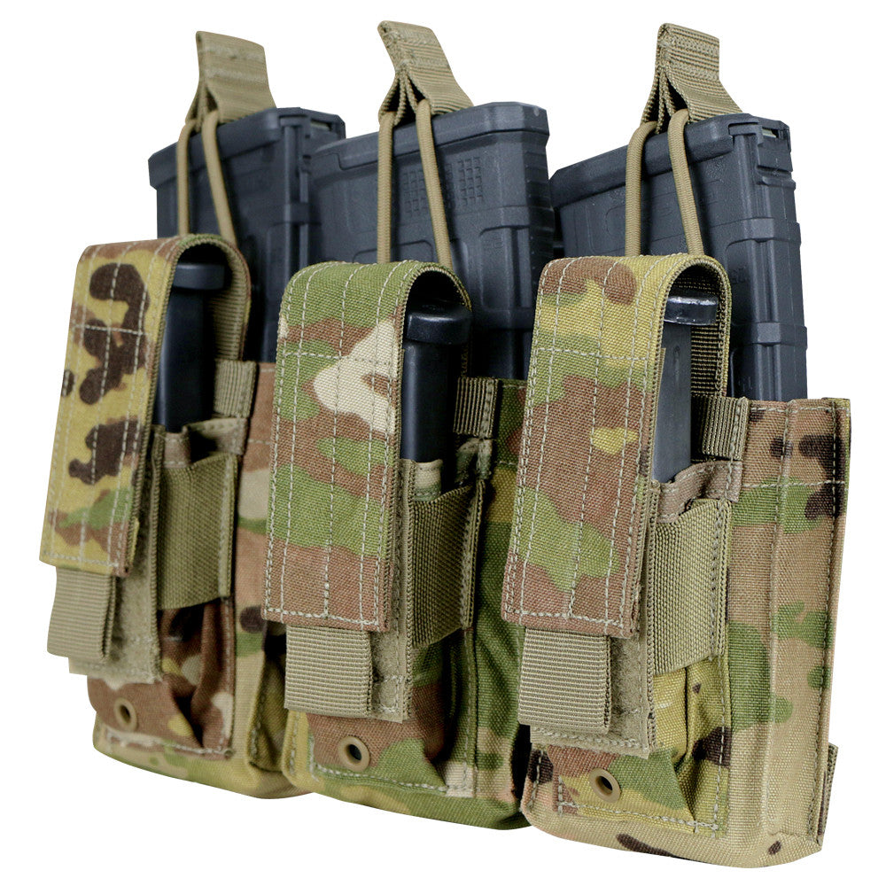 The Caliber Armor Triple Kangaroo Mag Pouch | GEN II holds three magazines, each secured with a flap and Velcro. This MOLLE-compatible pouch keeps your AR/M4 mags safe and organized for any mission.