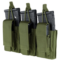Thumbnail for The Caliber Armor Triple Kangaroo Mag Pouch | GEN II is a green, MOLLE-compatible pouch that securely holds three black rifle magazines with strap and hook-and-loop closures.