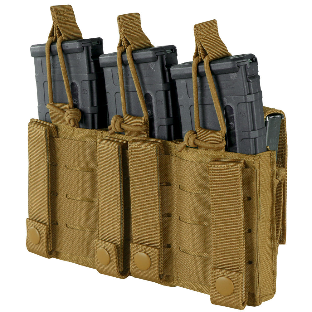 The Caliber Armor Triple Kangaroo Mag Pouch | GEN II in tan holds three black rifle magazines vertically, each secured with a strap and snap button, and is MOLLE compatible.