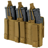 Thumbnail for The Caliber Armor Triple Kangaroo Mag Pouch | GEN II in tan holds three black rifle magazines vertically, each secured with a strap and snap button, and is MOLLE compatible.