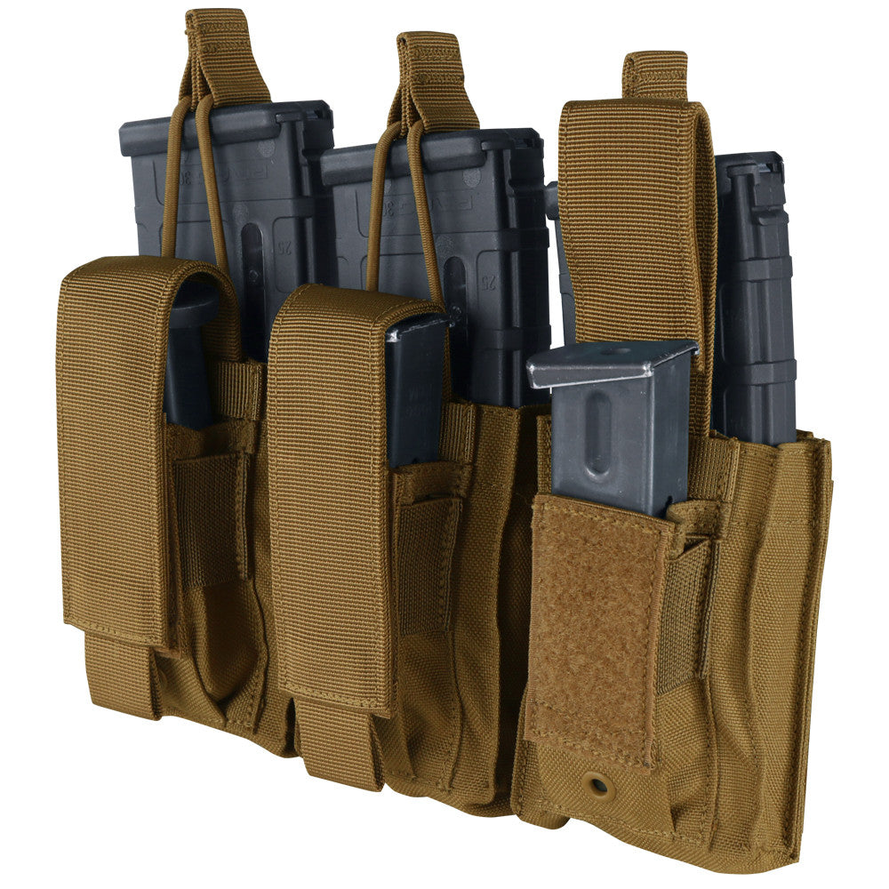 Three brown Caliber Armor Triple Kangaroo Mag Pouch | GEN II, MOLLE compatible, each hold two rifle and one pistol magazine secured by Velcro and fabric straps.