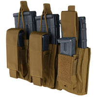 Thumbnail for Three brown Caliber Armor Triple Kangaroo Mag Pouch | GEN II, MOLLE compatible, each hold two rifle and one pistol magazine secured by Velcro and fabric straps.