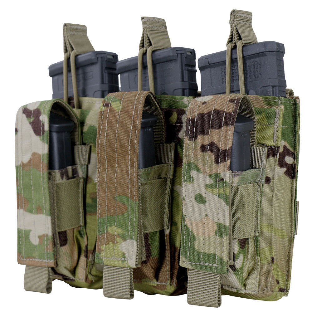 The Caliber Armor Triple Kangaroo Mag Pouch | GEN II securely holds three AR/M4 magazines with flap and hook-and-loop closure. MOLLE compatible, it offers reliable retention and integrates seamlessly with your tactical gear.