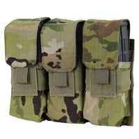 Thumbnail for The Caliber Armor Triple M4 Mag Pouch is a MOLLE compatible camo pouch with three Velcro-secured compartments, designed to hold AR/M4 magazines.