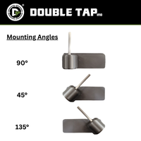 Thumbnail for Three metal mounts for the Assault Wall Barrel Mounted Pistol Holder by Double Tap Industries, labeled 90°, 45°, and 135°, are shown vertically under the “Mounting Angles” heading to display different mounting options.