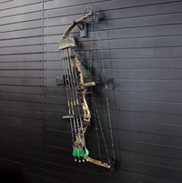 Thumbnail for full view of black plastic hook hanger for compound bow shown mounted to a black tactical gear slat wall named Assault Wall with a cammo bow hung from the upper limb of the bow