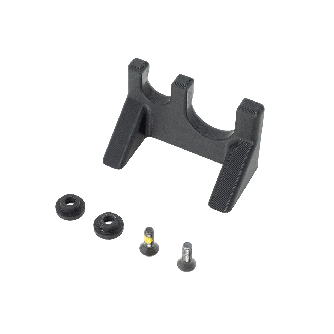 Tactical flashlight wall hanging mount, 2 flashlight capacity shown with hardware on a black background