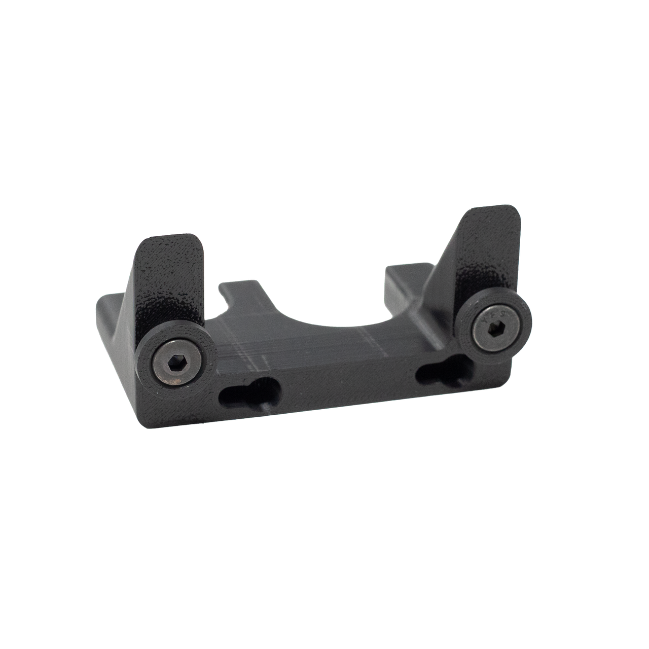 Backside of tactical flashlight wall hanging mount, 2 flshlight capacity shown with Assault Wall slat wall hardware installed and the direct wall mounting slots are also visible, on a black background