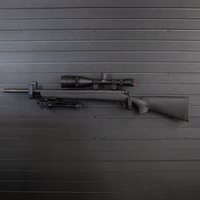 Thumbnail for Black rifle with scope & bipod mounted on two hooks that have been mounted at varrying heights to proerly support the weapon on the Assault Wall slat wall panel system